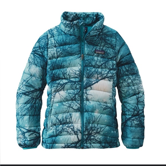 Patagonia Down Puffer Jacket Blue Tree Print Girls XXL / Women XS